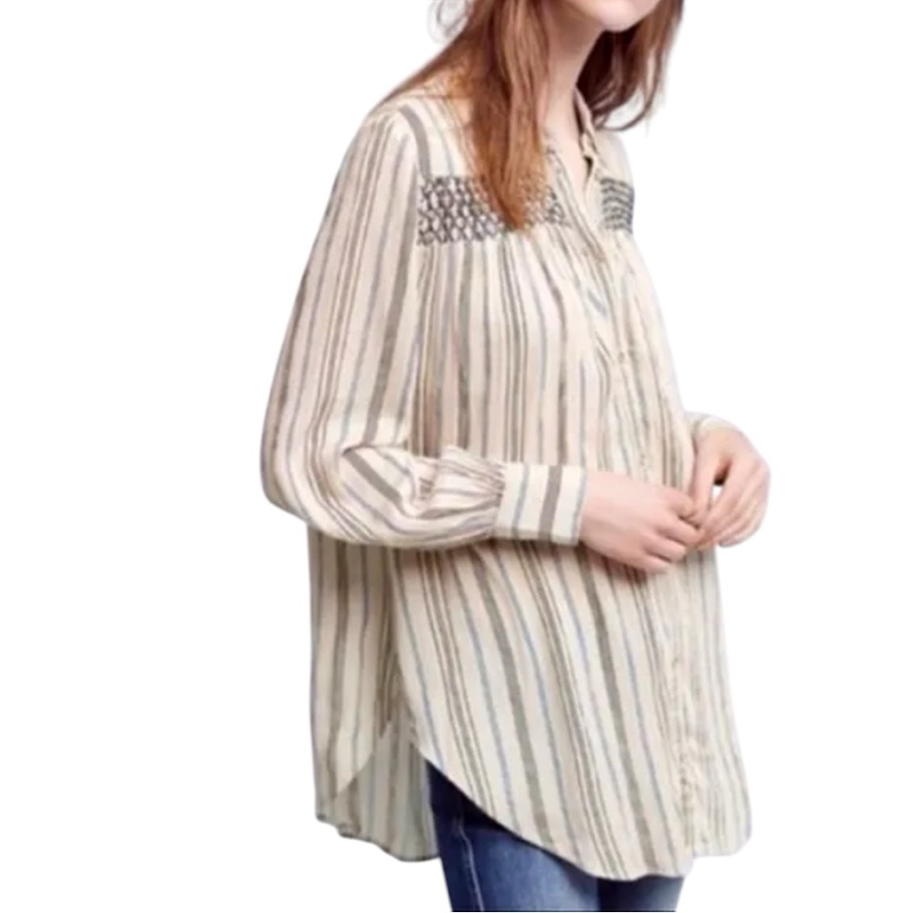 Anthropologie Floreat Striped Black Lace Yoke Shirt Blouse Top Lightweight Beige